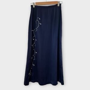 Vintage Victoria Holly Blue 100% Silk Lightweight Midi Skirt With Embellishment